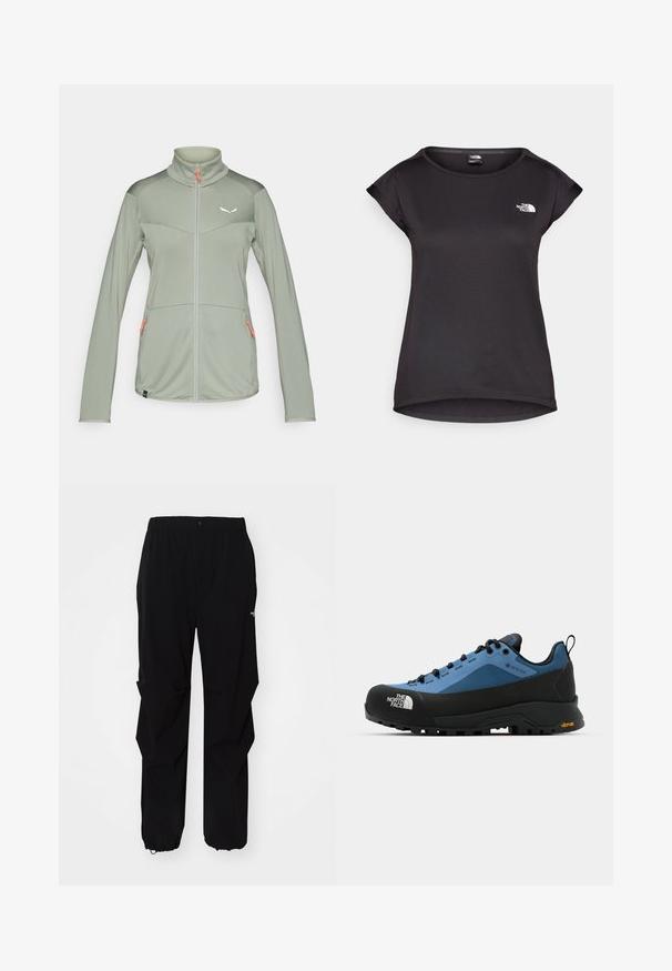 Light green zip-up jacket with a high collar, textured fabric, two front pockets with orange zippers, and a logo on the chest.; The North Face TANKEN TANK - Sports T-shirt - black; Black outdoor pants made from durable material, featuring a relaxed fit, elastic waistband, and cinched cuffs for adjustable length.; Blue and black hiking shoes featuring a waterproof design, textured fabric, and rubber Vibram outsole for enhanced grip and durability.