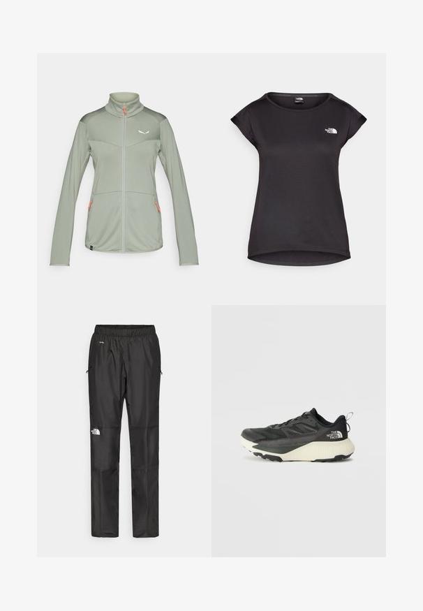 Giacca a zip verde chiaro con colletto alto, tessuto strutturato, due tasche frontali con zip arancione e un logo sul petto.; The North Face TANKEN TANK - T-Shirt sport - black; Pantaloni impermeabili neri realizzati in tessuto leggero, dotati di cintura elastica, tasche laterali e un logo sulla gamba sinistra.; Scarpa da ginnastica nera con tomaia testurizzata, con accenti grigi e un sottopiede bianco. Include una linguetta sul retro e un logo del marchio ben visibile sul tallone.