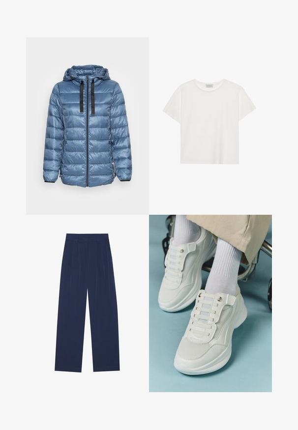Esprit JACKETS OUTDOOR - Casaco leve - grey blue; T-shirt branca de manga curta feita de algodão macio. Apresenta um decote redondo e um corte descontraído. Design limpo sem padrões ou detalhes visíveis.; Calças largas azul-marinho feitas de um tecido suave, com plissados frontais, uma textura lisa e um corte recto sem bolsos visíveis.; Tênis brancos com material em rede, sola de borracha, design sem atacadores com faixas elásticas e detalhes em tom dourado.