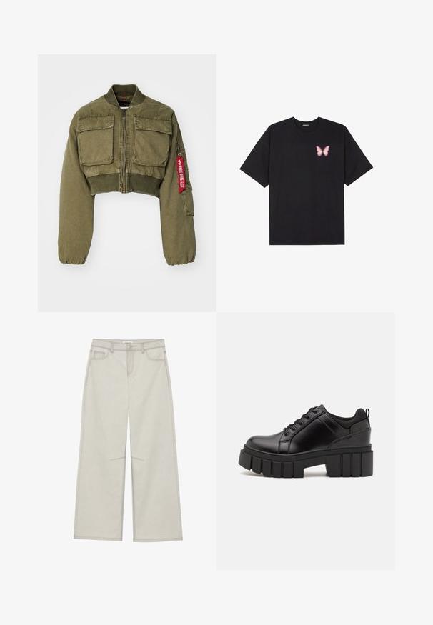 Alpha Industries MULTIPOCKET FLIGHT JACKET - Giubbotto Bomber - olive; T-shirt nera in cotone con maniche corte, caratterizzata da una piccola grafica di una farfalla rosa sul lato sinistro del petto. Design a girocollo con una vestibilità rilassata.; Pantaloni a gamba larga grigio chiaro con cinque tasche, chiusura frontale con bottone e cuciture a contrasto lungo le cuciture. Il tessuto appare morbido e resistente.; Scarpe platform in pelle nera con tacco a blocco robusto, punta rotonda e design tradizionale con lacci. Presentano una superficie liscia e dettagli minimi.