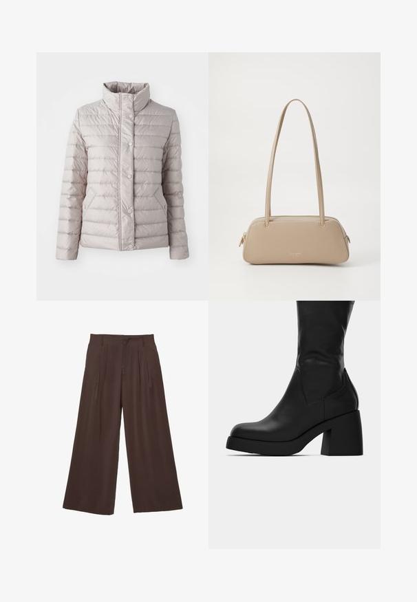 Könnyű, bézs színű puffernadrág rövid gallérral, patentgombos záródással, vízszintes steppelt mintával és két oldalsó zsebbel.; Csíkos gombos ing barna és fehér színben, hosszú ujjakkal, hegyes gallérral és ívelt aljjal. Texturált anyag, függőleges csíkokkal.; Sötétbarna anyagú, széles lábú nadrág, amely két elülső redővel, sima textúrával és egyszerű kialakítással rendelkezik, övhurkokkal.; Fekete bőrből készült, középig érő csizma vastag tömbsarokkal és kerek orral, oldalsó profilban, fehér háttér előtt.; Bézs bőr kézitáska sima textúrával, téglalap alakú, két fogantyúval és aranyszínű fémrészletekkel. Az egyik oldalán cipzáros záródás található.