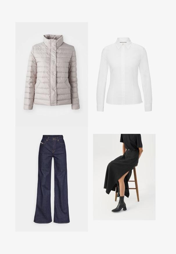 Viegls, bēšas krāsas puffer jakas modelis ar īsu apkakli, spiedpogām, horizontālu konkursa dizainu un divām sānu kabatām.; Baltas garām piedurknēm krekls no gluda kokvilnas, ar klasisku norādītu apkakli, priekšpuses pogu aizdari un piegriezumu ar sānu izgriezumiem.; Tumši zili platleņķa džinsi no denima auduma ar augstu jostasvietu, ar oranžām šuvēm, piecu kabatu dizainu un pogu aizdari.; Melna lina maxi svārki ar augstu šķēlumu, valkāti ar melnu T-kreklu un melniem potīšu zābakiem. Minimālistisks dizains ar brīvu piegriezumu.