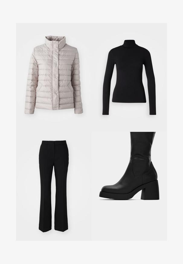 Ľahká béžová prešívaná bunda s krátkym golierom, cvokovými zapínaniami, horizontálne prešívaným dizajnom a dvoma bočnými vreckami.; Čierny rolák vyrobený z elastickej látky. Má dlhé rukávy, priliehavý strih a hladkú textúru bez vzorov alebo ozdôb.; Čierne skrátené nohavice s rozšíreným strihom. Vyrobené z hladkej látky s prednými skladmi a plochým pásom. Žiadne viditeľné vrecká.; Čierne kožené čižmy po lýtka s masívnym blokovým podpätkom a zaoblenou špičkou, zobrazené z bočného profilu na bielom pozadí.