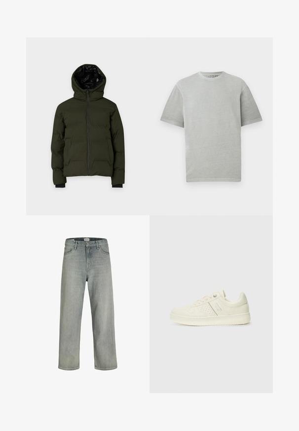 Olivengrøn pufferjakke med hætte, der har lynlås-lukning, elastiske manchetter og sort inderside. Designet er quiltet for isolering.; Lys grå t-shirt med korte ærmer og rund hals, præsenteret på en ensfarvet hvid baggrund.; Lysegrå, løstsiddende jeans lavet af denim. Har et klassisk fem-lomme design, bæltestropper og en lige ben silhuet.; Cremefarvet sneaker med perforeret detaljering, snørebånd og logo på siden, præsenteret mod en simpel hvid baggrund.