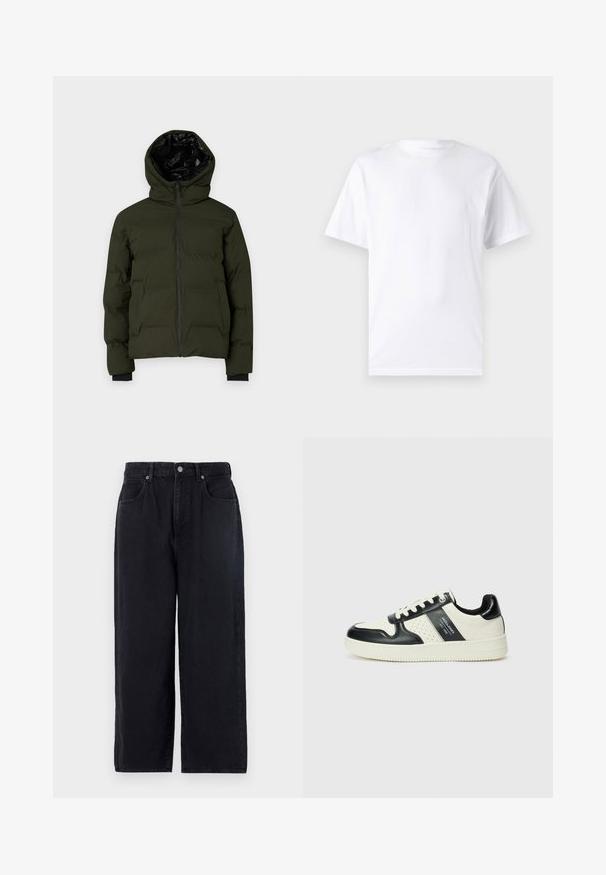 Olivově zelený péřový kabát s kapucí, opatřený zipem, elastickými manžetami a černou podšívkou. Design je prošívaný pro lepší izolaci.; Bílá tričko s krátkým rukávem vyrobené z bavlny s kulatým výstřihem, s hladkou texturou a jednoduchým designem bez vzorů nebo akcentů.; Černé džíny s rovnými nohavicemi, které mají pět kapes, zapínání na knoflík a čistý střih. Odolná tkanina s matnou texturou.; Kožené tenisky s černobílou barevnou kombinací, které mají perforované detaily, polstrovaný límec a texturovanou podrážku.