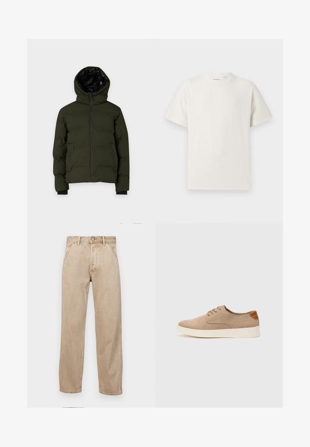 Tamsiai žalia pūkinė striukė su gobtuvu, su užtrauktuku, elastiniais rankogaliais ir juoda vidaus pamušalu. Dizainas yra siuvinėtas, kad užtikrintų izoliaciją.; Balta trumpa rankovė T-polo marškinėlių su juostelėmis tekstūra. Apvalus iškirpimas, laisvas fasonas, jokių matomų raštų ar akcentų. Paprastas ir universalus dizainas.; Smėlio spalvos džinsai su tiesia kojų siluetu, turintys priekinę kišenę, metalinį mygtuką ir subtilią tekstūrą.; Bežiniai zomšiniai sportbačiai su apvaliomis pirštų dalimis, raišteliais priekyje ir tekstūruotu užkulniu. Balta guma suteikia kontrastą. Paprastas ir modernus dizainas.