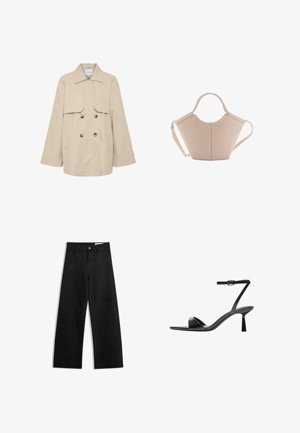 Beige dvouřadový trench coat s širokým límcem, dlouhými rukávy, dvěma předními kapsami a hnědými knoflíky. Hladká, lehká tkanina.; Tmavě hnědý pletený svetr s kulatým výstřihem, spadlými rameny, vroubkovanými manžetami a lemem, s měkkou texturou a volným střihem.; Černé denimové kalhoty s volným střihem a vysokým pasem, vybavené předními a zadními kapsami, prošívanými švy a knoflíkovým zapínáním. Hladká textura.; Bershka Sandály na vysokém podpatku - black; Beige kožená kabelka s jedinečným tvarem, vybavená dvěma krátkými uchy a dlouhým nastavitelným popruhem. Hladká textura s minimem kovových doplňků.