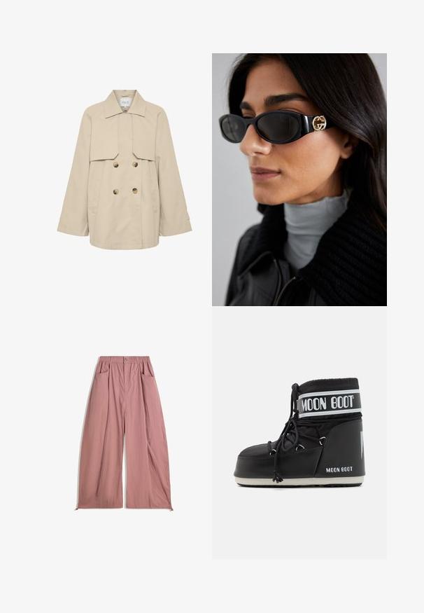 Beige double-breasted trench coat with a wide collar, long sleeves, two front pockets, and brown buttons. Smooth, lightweight fabric.; White long-sleeve turtleneck shirt made from a smooth, stretchy fabric. Features a snug fit and a high collar. No visible patterns or accents.; Loose-fitting, high-waisted pants in soft rose pink fabric. Features elastic waistband, two side pockets, and a smooth, textured finish.; Black Moon Boot with a padded upper, secured by laces and a distinctive white band featuring the logo. Thick, textured rubber sole.; Black sunglasses featuring a sleek rectangular frame with a gold logo accent on the side. Dark lenses and glossy finish are prominent.