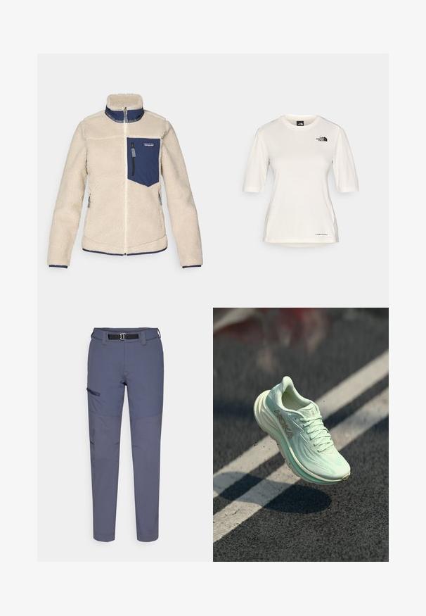 Beige fleecejakke med marineblå detaljer, høy krage, glidelås foran og brystlomme. Myk tekstur med elastiske mansjetter og kant.; The North Face SHADOW SHORT SLEEVE - T-skjorte til trening - white dune; Lette, marineblå bukser med et slitesterkt materiale, som har belte, sidelommer med glidelås og forsterkede nedre sektioner.; HOKA løpesko i lyse mintgrøn, med teksturert mesh-overdel, avrundet tå, polstret såle og fremtredende logo på siden.