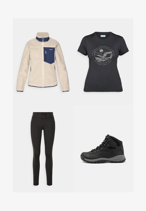 Pilkšas fliso džemperis su tamsiai mėlynomis detalėmis, aukštu apykakle, priekyje užtrauktuku ir krūtine kišene. Minkšta tekstūra, su elastingomis rankovėmis ir apačia.; Juodas "Columbia" marškinėliai su balta apskrita kalnų ir upės linijų grafika bei tekstu "Columbia Sportswear Company Lauke nuo 1938 metų."; Juodi leggingai su aukšta juosmeniu, raišteliu, lygiu paviršiumi ir prigludusia forma. Yra siuvimo detalės šonuose.; Juodas žygio botas su vidutinio aukščio dizainu, pasižymintis tekstūruota viršutine dalimi, pilkų akcentų ir patvaria guma padanga su sukibimo gumbais.