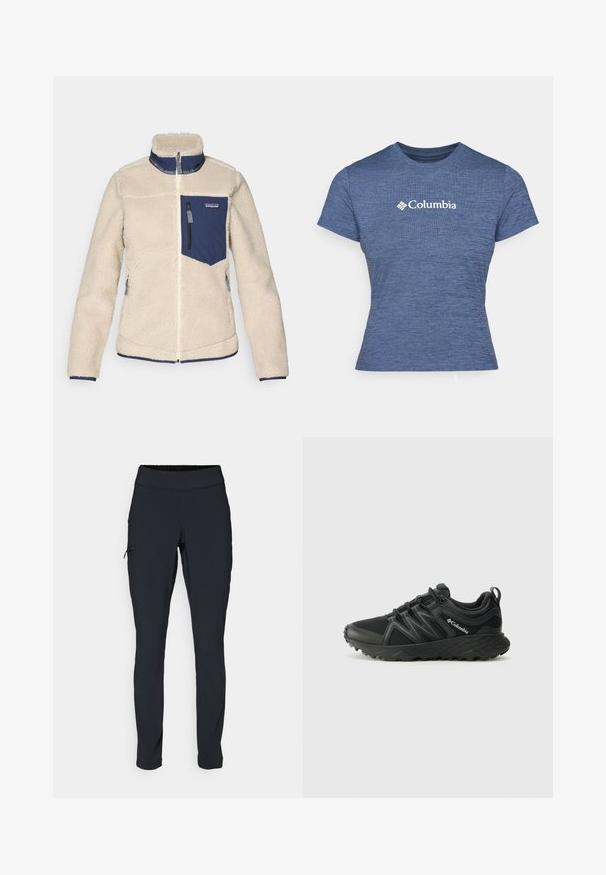 Bežna flis jakna z morsko modrimi poudarki, visokim ovratnikom, sprednjim zadrgo in žepom na prsih. Mehka tekstura, z elastičnimi manšetami in robom.; Modra kratka majica s kratkimi rokavi iz teksturirane tkanine, z belim logotipom Columbia na prsih, okroglo ovratnikom in prilegnjenim dizajnom.; Črne športne hlače s slim fit krojem, elastičnim pasom in stransko žepom z zadrgo. Gladek, raztegljiv material z minimalnimi šivi.; Columbia PEAKFREAK - Pohodniški čevlji - black