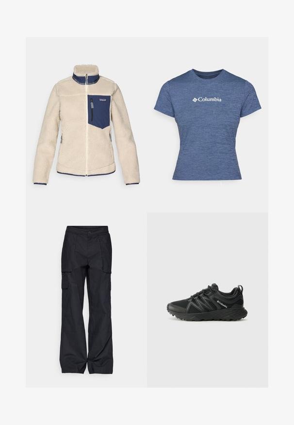 Beež fliiskate koos tumesinise aktsendiga, kõrge kraega, esitaskuga ja lukuga ees. Pehme tekstuur, elastsete cuffs'ide ja hemiga.; Sinine lühikeste varrukatega t-särk, mis on valmistatud tekstureeritud kangast, millel on rinnal valge Columbia logo, ümmargune kaelus ja liibuva disainiga.; Columbia BREA FALLS™ COTTON RIPSTOP PANT - Õuepüksid - black; Columbia PEAKFREAK - Matkajalatsid - black