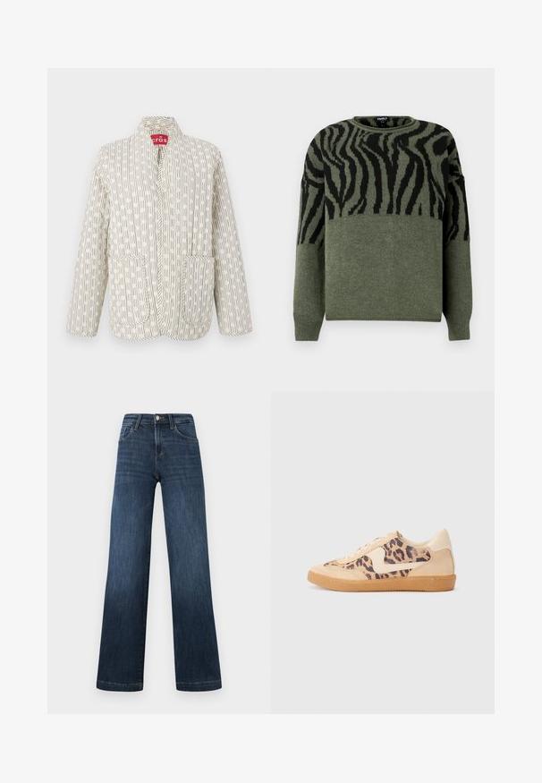 Vadderad jacka i krämfärgad med svarta linjära mönster. Har en krage, två framfickor och en tryckknappsstängning. Lättviktsmaterial.; Randig zebra-mönstrad tröja i mörkgrön och svart, stickad textur, rund halsringning, långa ärmar, med kontrasterande design på den övre delen.; Mörkblå denimjeans med vid ben-design, som har fem fickor och en framknäppning. Slät textur och klassiska sömnadsdetaljer.; Leopardmönstrade sneakers med överdel i beige mocka, tan gummisula och vita detaljer. Rund tå och snörning med en strukturerad finish.
