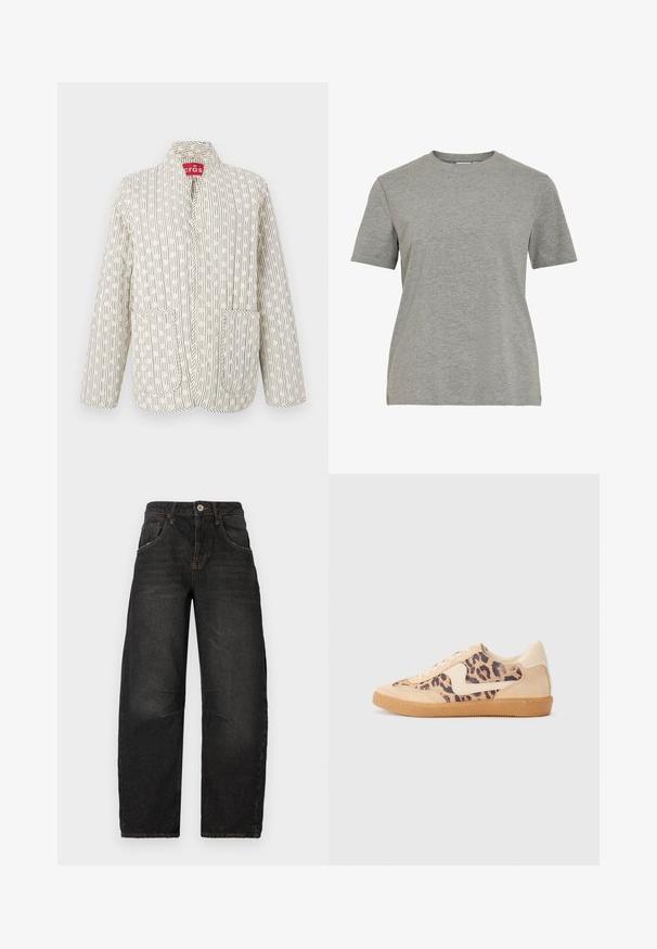 Giacca trapuntata in crema con motivi lineari neri. Presenta un colletto, due tasche frontali e una chiusura a scatto. Tessuto leggero.; Maglietta di cotone grigia con collo rotondo classico, maniche corte e tessuto liscio, adatta per un abbigliamento casual.; Jeans in denim nero con design a gamba dritta, cinque tasche, cuciture a vista e chiusura frontale con bottone. Tessuto testurizzato con leggera scoloritura.; Sneakers in stampa leopardata con parte superiore in suede beige, suola in gomma color caramello e dettagli bianchi. Punta rotonda e design con lacci, con una finitura testurizzata.