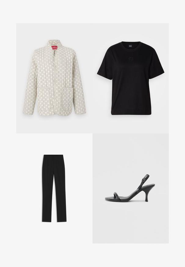 Quilted jacket in cream with black linear patterns. Features a collar, two front pockets, and a snap closure. Lightweight fabric.; Black cotton t-shirt with a crew neckline, short sleeves, and an embroidered logo on the chest. Simple, relaxed fit with no patterns.; Black tailored trousers with a straight-leg design, featuring front pockets and a smooth, textured fabric. Neat, minimal detailing.; Black leather high-heeled sandals with a slim, curved heel and a crossed strap design. Adjustable ankle strap. Smooth texture.