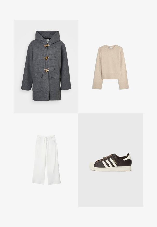 Harmaa villainen duffletakki hupulla, nyörikiinnityksillä, kahdella etutaskulla ja sileällä pinnalla. Suunniteltu lämpöä ja mukavuutta varten.; Beige lyhyt villapaita, joka on valmistettu pehmeästä neulotusta materiaalista. Siinä on pyöreä kaula-aukko, pitkät hihat sekä ribbireunat ja helma, jotka lisäävät tekstuuria.; Valkoiset leveälahkeiset housut pehmeästä kankaasta, jossa on kiristysnyöri vyötäröllä ja kaksi etutaskua. Sujuva rakenne ilman näkyviä kuvioita.; Matala Adidas Superstar -tennari tummanruskeasta nahasta, jossa on kermahtava kuorikärki, valkoiset raidat ja "Superstar"-teksti sivussa.