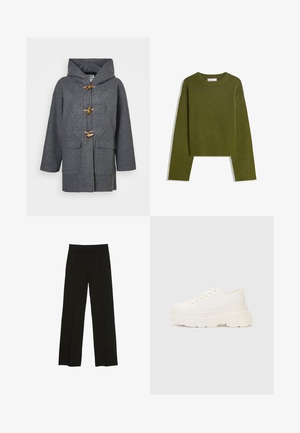 Palton duffle din lână gri, cu glugă, închideri cu toggle, două buzunare frontale și textură netedă. Conceput pentru căldură și confort.; Pulover tricotat de culoare verde măsliniu, cu guler rotund, mâneci lungi și tiv ribotat. Dispune de un croi scurt și are un finisaj moale, texturat.; Pantaloni largi negri, confecționați dintr-un material fin, cu un talie ajustată și pliuri frontale subtile pentru un plus de textură.; Tenisi albi din pânză cu o talpă groasă, vârf rotund și cinci gauri pentru șireturi. Tab pentru ușurința la încălțare. Textură netedă, design minimalist.
