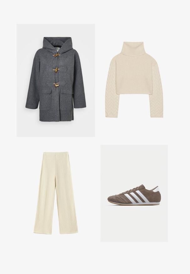 Cappotto duffle in lana grigia con cappuccio, chiusure a toggle, due tasche frontali e texture liscia. Progettato per calore e comfort.; Maglione cropped color crema con un alto collo, corpo in maglia testurizzata e maniche a motivo a spina di pesce. Realizzato in morbido materiale in filato.; Pantaloni a gamba larga in un tessuto testurizzato color crema. Il design presenta un motivo a nido d'ape con vita alta e gambe lunghe.; Scarpa sportiva in suede marrone con strisce bianche, punta tonda, design con lacci e suola in gomma. Parte superiore testurizzata con dettagli cuciti.