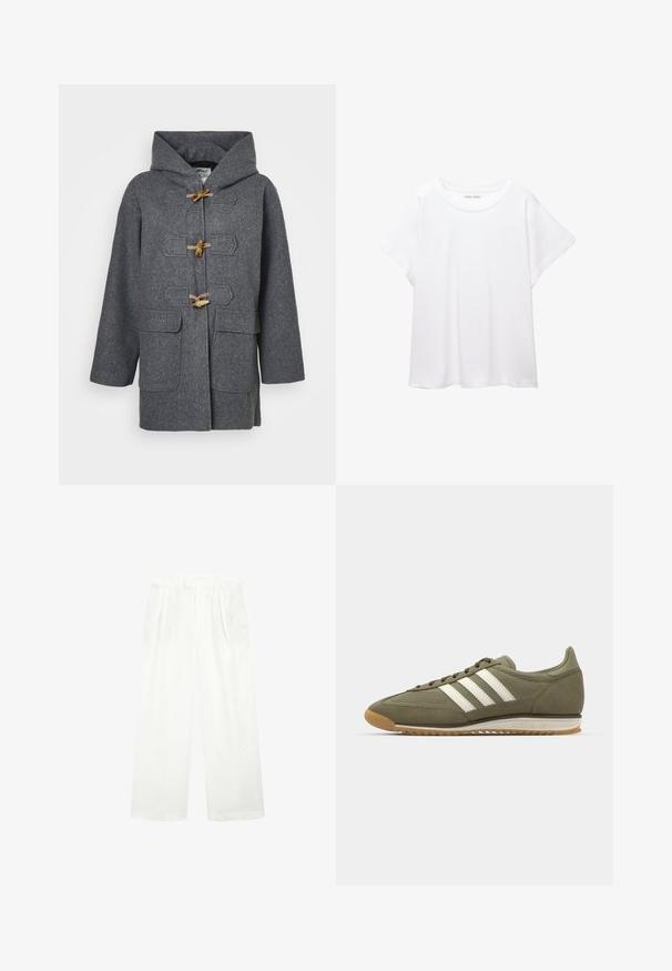 Grau wollene Dufflecoat mit Kapuze, Toggle-Verschlüssen, zwei Fronttaschen und glatter Textur. Entworfen für Wärme und Komfort.; Weißes T-Shirt aus weichem, leichtem Stoff. Mit runder Halslinie und kurzen, weit geschnittenen Ärmeln für einen lässigen Sitz. Keine sichtbaren Muster.; Weiße, weite Hosen aus leichtem Stoff, mit flachem Vorderteil, Falten und einem Bund, die eine lockere, luftige Passform bieten.; Grüne Wildleder-Sneaker mit Mesh-Einsätzen, drei weißen Streifen und einer Sohle aus Gummi. Ausgestattet mit runden Schnürsenkeln und einem flachen Design.