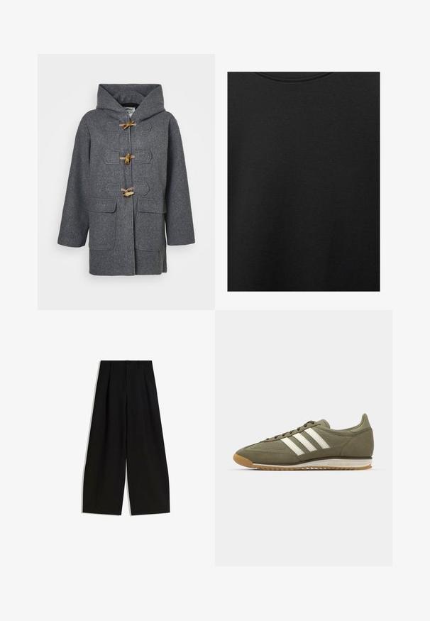 Grijze wollen duffelcoat met een kap, toggelsluitingen, twee voorkezen en een gladde textuur. Ontworpen voor warmte en comfort.; Zwarte katoen stof met een soepele textuur en een ronde halslijn, met een subtiele, gelijkmatige nerfpatroon. Geen zichtbare logo's of accenten.; Zwarte wijde pijpen broek van gladde stof, met een hoge taille, plooien aan de voorkant en geen zichtbare versieringen of patronen.; Groene suede sneaker met mesh panelen, drie witte strepen en een gumrubberen buitenzool. Bevat ronde veters en een low-profile ontwerp.