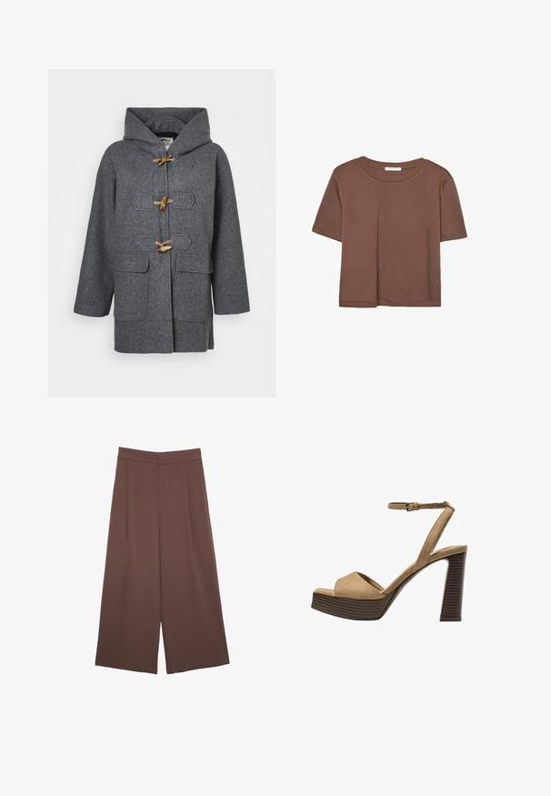 Sivi volneni plašč duffle s kapuco, s toggl nastavki, dvema sprednjima žepoma in gladko teksturo. Oblikovan za toplino in udobje.; Rjava kratka majica s kratkimi rokavi iz mehkega materiala, s krožnim izrezom in ohlapnim krojem. Brez vidnih vzorcev ali dodatkov.; Rjave široke hlače z gladko teksturo, ki imajo visok pas in sprednje naborke. Tkanina je lahka in prosto pada.; Bež semiš sandali na visoki peti z širokim sprednjim trakom in trakom okoli gležnja, opremljeni z debelim lesenim blokom peto z teksturirano površino.