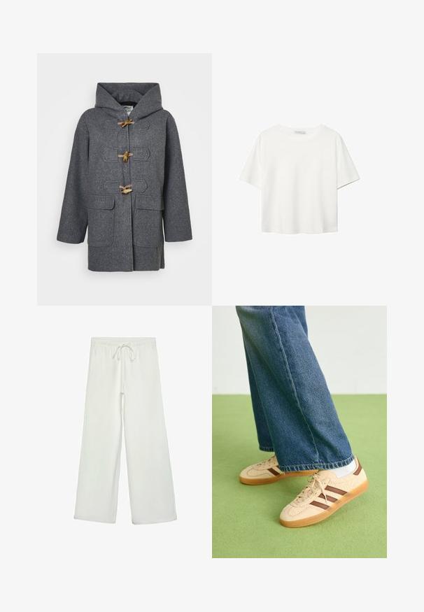 Grå ull duffeljacka med huva, knäppningar med toggles, två framfickor och slät textur. Designad för värme och komfort.; Vit t-shirt med kort ärm i bomull. Har en rundad halsringning och en avslappnad passform. Slät textur utan synliga mönster eller detaljer.; Vita vida byxor i mjukt tyg. Har en elastisk midja med dragsko och en slät yta. Inga synliga mönster eller metalldetaljer.; Beiga sneakers med strukturerade krämfärgade paneler och bruna ränder, i kombination med blå denimjeans. Jeansarna har vida ben och fransad fåll.