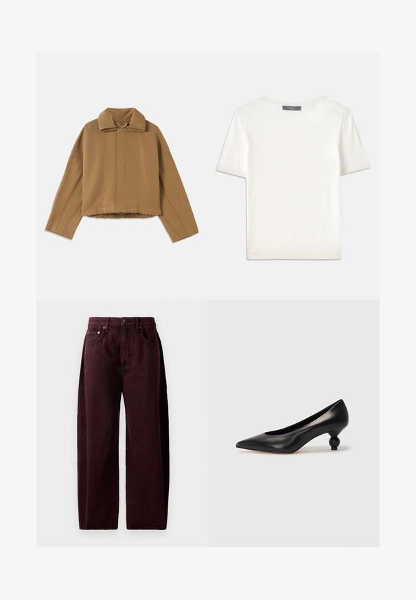 Trumpas rudas viršutinis drabužis su smailiu apykakle, stačiakampio formos dizainu ir šoninėmis atvarkomis. Yra raukinių detalė apatinėje dalyje ir lygus paviršius.; Baltas trumpas rankovėmis megztinis su apvaliu kaklu, pasižymintis lygia tekstūra ir subtiliais raštuotais akcentais rankovėse bei apykaulyje.; Burgundijos plačios kojinės džinsai iš medvilnės denimo, su aukštu juosmeniu, priekinėmis kišenėmis ir matoma siuvimo linija. Klasikinis penkių kišenių dizainas.; Juoda odinė aukštakulnė bateliai su smailiu pirštu ir apvaliu, iškiliu kulnu. Lygus paviršius su elegantišku, minimalistiniu dizainu.
