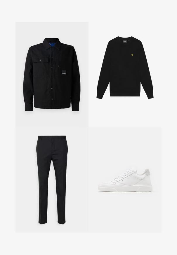 Črna srajca z gumbki iz debele tkanine, z dvema sprednjima žepoma, sponkami in logom na levem žepu. Klasičen nakup in kroj.; Črna bombažna majica s dolgimi rokavi in okroglo ovratnikom. Ima majhen rumen orel logotip na prsih. Mehka tekstura.; Črne krojene hlače s ravnim krojem, izdelane iz gladkega materiala. Imajo zanke za pas in gubico spredaj.; Bele usnjene športne copate z gladkim zaključkom, okroglo konico, ravnimi vezalkami in teksturiranim podplatom. Sivi semiš detajl na peti.