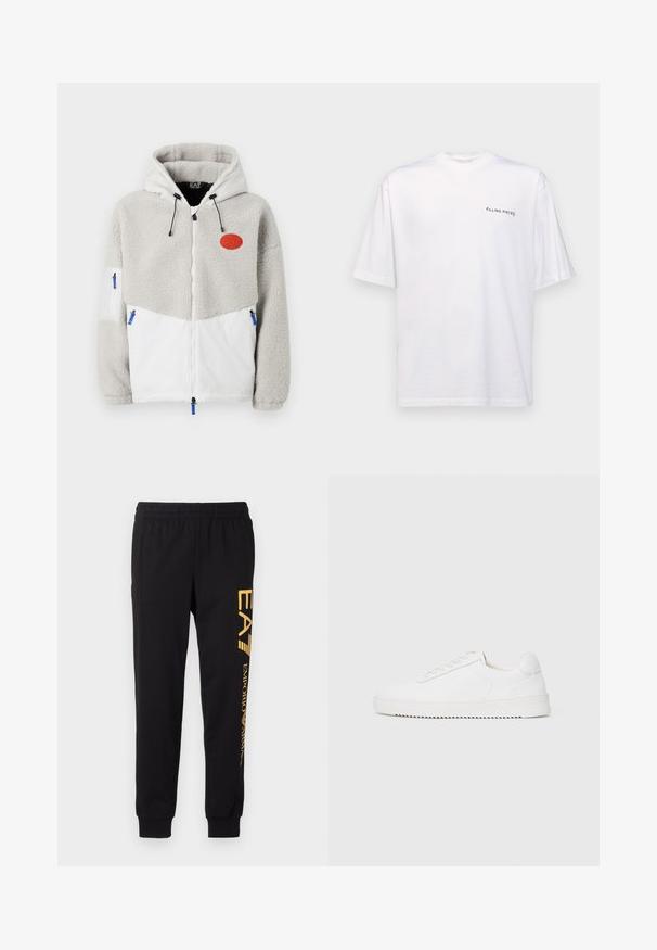 Grå fleecejakke med glidelås, hvit nedre del, hette, blå glidelåsdetaljer og en oransje logo på brystet. Strukturell, koselig design.; Hvit kortermet t-skjorte i bomull med v-hals, med en svart "FILLING PIECES" logo trykt på venstre side.; Sorte joggebukser laget av myk stoff, med elastisk midje og ribbede ankler. Gul merkevaretrykk vertikalt på venstre bein.; Hvit sneaker med en glatt skinnoverdel, avrundet tå, snøring, teksturerte sideakenter og en tykkgummisåle. Minimalistisk design.