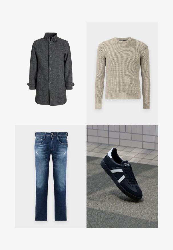 Tumši pelēks vilnas mētelis ar zīda rakstu, augstu apkakli, priekšējām pogām un sānu kabatām, ar regulējamiem piedurkņu galiem.; Bežs adīts džemperis ar garām piedurknēm, ribota aproce un apakšmalā, apaļa kakla izgriezums, teksturēta raksts, izgatavots no mīksta materiāla.; Zilas džinsu bikses ar parastu piegriezumu, ar izbalējušu mazgāšanu, nelielu nodilumu, piecām kabatām un kontrastējošiem diegiem. Pogas aizdare jostā.; Melnā ādas sporta apavi ar baltām svītrām, teksturēta gumijas zole un auklu aizdare. Iekļauj zīmola etiķeti uz mēles.