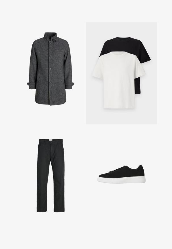 Abrigo de lana gris oscuro con patrón de espiga, cuello alto, botones en la parte frontal y bolsillos laterales, con puños ajustables.; Conjunto de camisetas de algodón que incluye una camiseta negra y una blanca, ambas con mangas cortas, escote redondo y corte estándar. Tejido texturizado.; Pantalones negros de tela duradera, con un diseño de pierna recta, detalles cosidos y dos bolsillos frontales para mayor funcionalidad.; Zapatillas de ante negro con punta redonda, cordones en la parte delantera y suela de goma blanca. Diseño simple con acentos mínimos y textura suave.