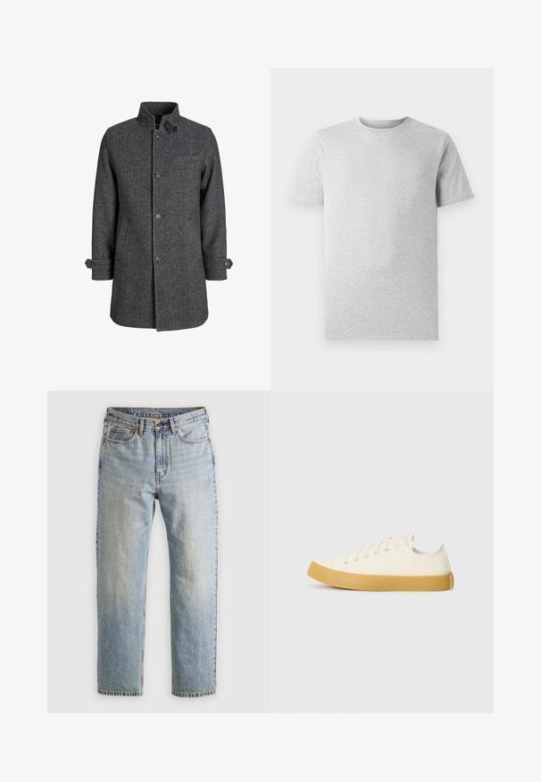 Donkergrijze wollen jas met een visgraatpatroon, hoge kraag, knopen aan de voorkant en zijzakken, met verstelbare manchetten.; Effen lichtgrijze T-shirt met korte mouwen en ronde hals, weergegeven op een witte achtergrond, frontaanzicht zonder zichtbare logo's of ontwerpen.; Lichtblauwe denim jeans met hoge taille, frontknop, rits en vijfzakkenontwerp, plat gelegd op een neutrale achtergrond.; Canvas sneakers in off-white met een ronde neus, voorzien van beige rubberen zolen en vijf oogjes voor veters, met een gestructureerde afwerking op de bovenkant.