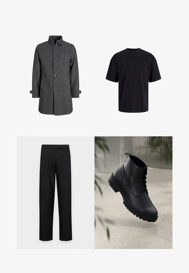 Manteau en laine gris foncé avec un motif en chevrons, col haut, boutons à l'avant et poches latérales, avec des poignets réglables.; T-shirt en coton noir avec un col ras du cou, des manches courtes et une coupe décontractée. Texture lisse sans motifs ni accents visibles.; Pantalons noirs en tissu lisse, avec une coupe droite, deux plis avant et une taille standard avec passants de ceinture.; Bottines en cuir noir avec un bout rond, un laçage, et une semelle en caoutchouc robuste. Texture lisse avec une languette à l'arrière.