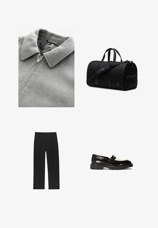 Grau Wollmantel mit strukturiertem Stoff. Hat einen umgeschlagenen Kragen und einen silbernen Reißverschluss, der teilweise geöffnet ist und ein graues Futter zeigt.; Hellegrauer Strickpullover mit einem Viertelreißverschlusskragen, geripptem Muster und langen Ärmeln, kombiniert mit olivgrünen Hosen.; Schwarze Hose mit geradem Schnitt, aus einem glatten Stoff gefertigt. Verfügt über Vorderfalten und einen einzelnen Knopfverschluss an der Taille.; Schwarze Lackleder Slipper mit einem weißen Lederakzent, dicker Gummisohle mit schwarzem Profil und gesteppten Details. Glatte Textur mit glänzendem Finish.; Schwarze Sporttasche aus robustem Material mit Lederakzenten, ausgestattet mit zwei Griffen, einem verstellbaren Schulterriemen und einer Reißverschluss-Seitentasche.