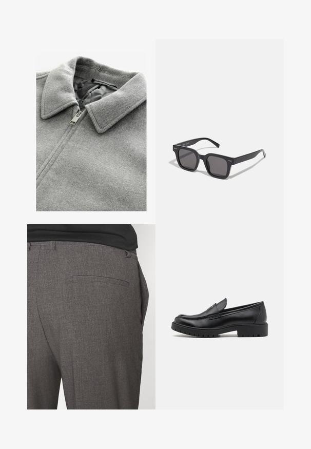 Gray wool coat with a textured surface. Features a fold-over collar and a silver zipper, partially open, revealing a gray lining.; Black and white crew-neck t-shirts, short sleeves, made from cotton fabric, smooth texture, featuring branding on the neckline.; Gray tailored trousers with a smooth texture, featuring a single back pocket and a slim fit design. Fabric has a subtle pattern.; Black leather loafers with a rounded toe, slip-on design, and thick rubber sole featuring a textured grip. Elevated heel and subtle stitching details.; Black rectangular sunglasses with dark lenses, featuring a thick frame, subtle accents on the sides, and no visible logos beyond the brand name.; Canvas tote bag in light beige with two sturdy handles, contrasting white trim, and logo "THE NORTH FACE" in black at the front.