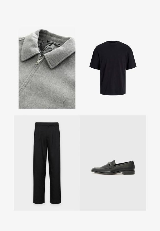 Manteau en laine gris avec une surface texturée. Il présente un col rabattu et une fermeture éclair argentée, partiellement ouverte, révélant une doublure grise.; T-shirt en coton noir avec un col ras du cou, des manches courtes et une coupe décontractée. Texture lisse sans motifs ni accents visibles.; Pantalons noirs en tissu lisse, avec une coupe droite, deux plis avant et une taille standard avec passants de ceinture.; Mocassin en cuir noir avec une finition lisse, présentant un design cousu et une accent décoratif en chaîne métallique sur le rand. Talon plat.
