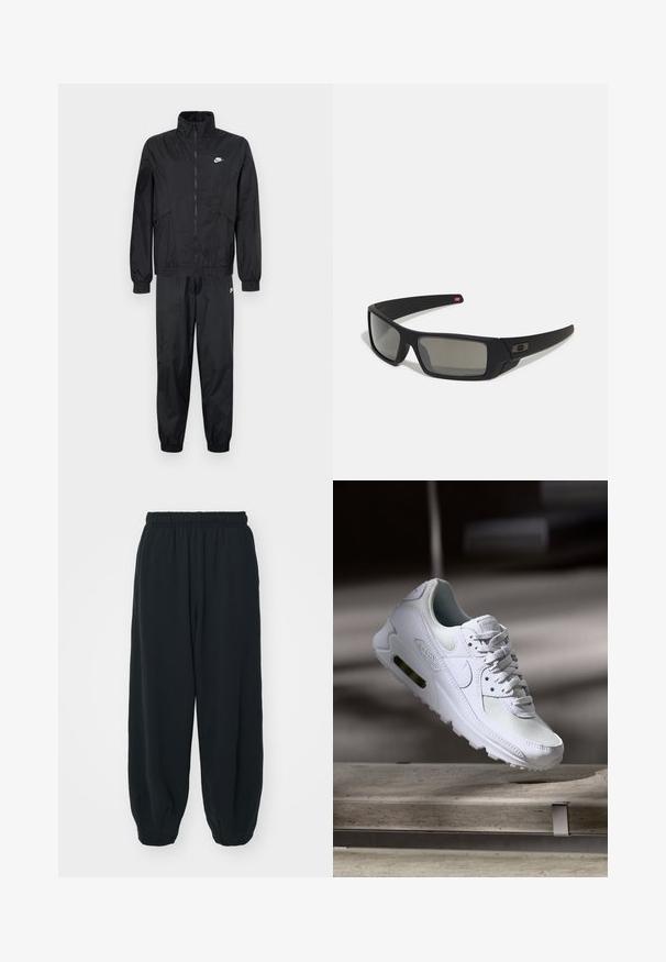 Černý Nike teplákový komplet, který obsahuje zipovou bundu s vysokým límcem, elastickými manžetami a odpovídající kalhoty s elastickými lemy a logovými detaily.; Černá bavlněná mikina s kulatým výstřihem, dlouhými rukávy a malým bílým logem Nike na levé horní části hrudi.; Černé teplákové kalhoty s elastickým pasem, volným střihem, manžetami na kotnících, hladkým povrchem a bez viditelných vzorů či kovových detailů.; Bílé tenisky Nike Air Max 90 s vrchním materiálem z textilu a kůže, perforovanou špičkou a viditelnou vzduchovou jednotkou v patě.; Černé sluneční brýle s matným povrchem, obdélníkové čočky, mírná křivka na spáncích, nenápadný detail loga a čočky s kouřovým zabarvením.