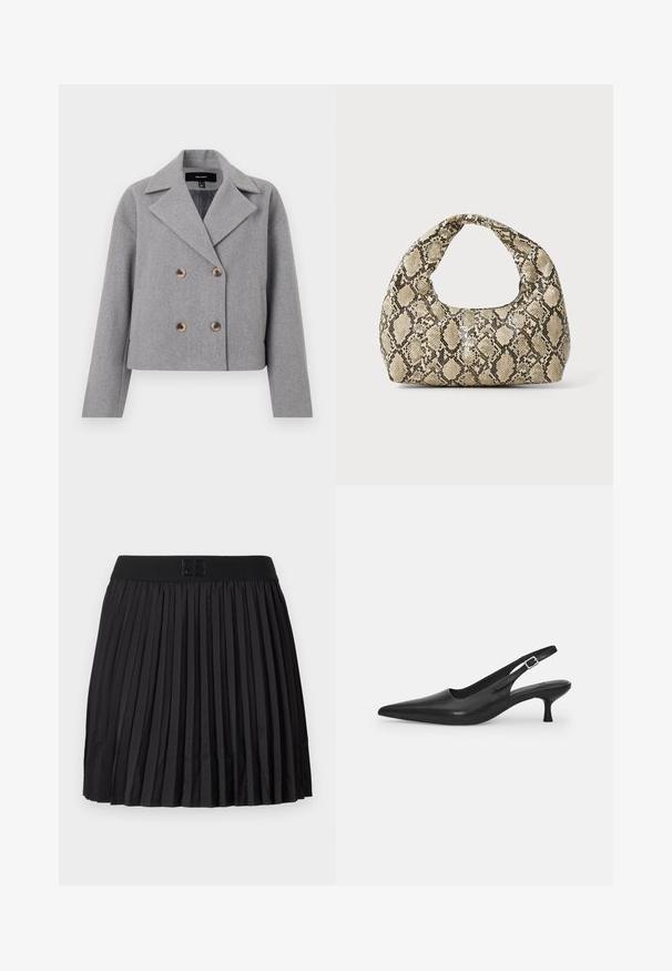 Gray cropped jacket with a double-breasted design, notched collar, and wooden buttons. Made of textured fabric with long sleeves.; Black blouse featuring long sheer sleeves, textured leaf pattern, round neckline, and a small back keyhole clasp.; Black pleated skirt with a smooth texture, featuring a solid black waistband and an embossed logo detail at the front.; Black leather slingback shoe with a pointed toe and a slim, curved heel. Features a discrete adjustable strap with a metal buckle.; Snake-print handbag with a curved handle. Made from textured, beige and brown materials, featuring a distinctive diamond pattern.