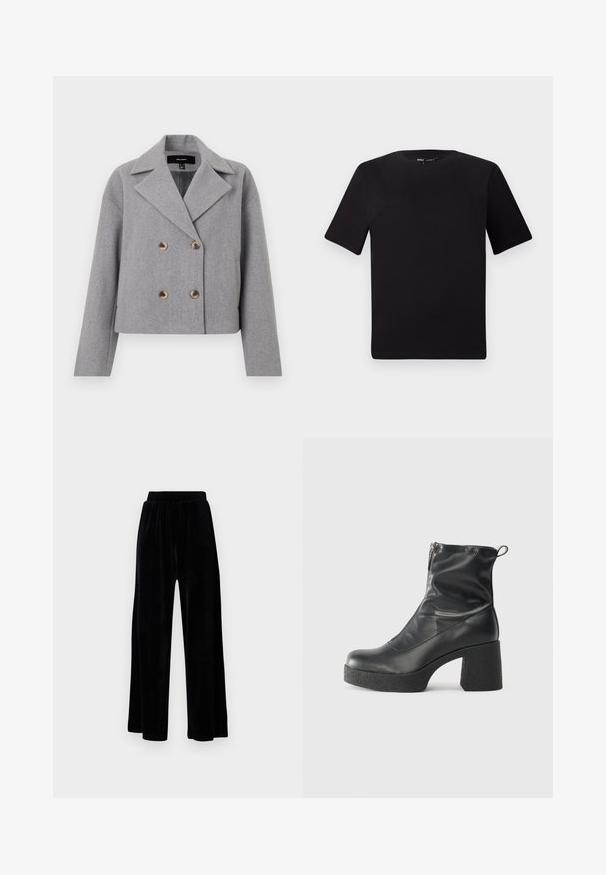 Hallikas lühike jakk, millel on topeltkinnitatud kujundus, kõrgendatud krae ja puidust nupud. Valmistatud tekstuurses kangas pika varrukaga.; Must olema lühikeste varrukatega must t-särk ümmarguse kaelusega, valmistatud pehmest puuvillast kangast. Lihtne disain, ilma nähtavate logode või mustriteta.; Mustad laiad püksid, mis on valmistatud pehmest sametist, elastse vöökoha ja siledaga, ilma nähtavate detailide või mustriteta.; Mustad mustad ansapüksid, mis on valmistatud siledast nahast, külje zipperiga, paksu tekstuuriga kontsaga ja ümmarguse nina disainiga.