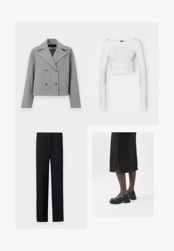 Chaqueta corta gris con diseño de doble botonadura, cuello con muescas y botones de madera. Fabricada en tejido texturizado y con mangas largas.; Gina Tricot SOFT TOUCH CROPPED TOP - Camiseta de manga larga - pristine; Pantalones negros ajustados de corte recto, con una textura suave y sin patrones visibles. Cintura estándar y un acabado limpio.; Zapatos de piel negra con punta redondeada, tacón grueso y bloque, y acentos elásticos en los laterales, combinados con unos pantys oscuros y una falda negra con una abertura.