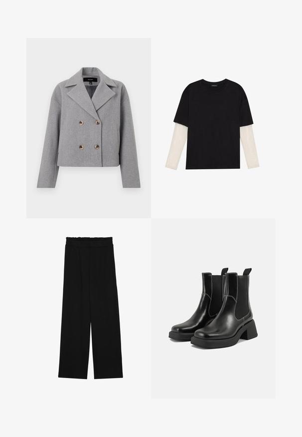 Pelēks īss žakets ar divrindu dizainu, ar iedvesmots apkakli un koka pogām. Izgatavots no teksturēta auduma ar garām piedurknēm.; Melna kokvilnas T-kreklu ar īsām piedurknēm, virs baltas garām piedurknēm ar smalku teksturētu rakstu. Apaļas kakla izgriezuma dizains.; Melnas platās bikses ar volangām jostasvietā, ar divām sānu kabatām un gludu, vieglu audumu. Nav redzamu rakstu vai aksesuāru.; Melni ādas Čelsijas zābaki ar masīvu papēdi, elastīgām sānu panelēm un kontrastējošu balto šuvumu. Teksturēts apdare.