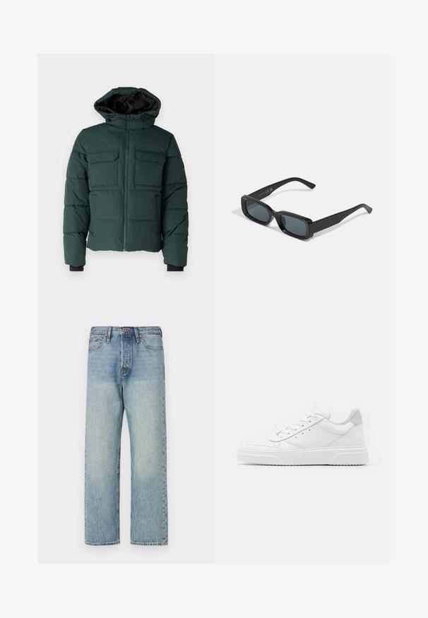 Groene pufferjack met een capuchon, een rits aan de voorkant en twee borstzakken. Heeft elastische manchetten en een textuurafwerking. Gevoerde binnenkant.; Witte katoenen t-shirt met korte mouwen, ronde hals en een rode grafische tekst "LEKKER VERFRISSEND FRUIT" aan de voorkant.; Lichtblauwe denim jeans met een rechte pijp, vijf zakken en bronzen hardware. Minimaal vervaagd met een schone afwerking.; Witte leren sneakers met een gladde afwerking, ronde neus, platte veters en een gestructureerde zool. Grijze suède accent bij de hiel.; Zwarte rechthoekige zonnebril met donkere lenzen. Glanzend montuur, rechte steunen met een lichte kromming. Minimalistisch ontwerp, zonder versieringen.