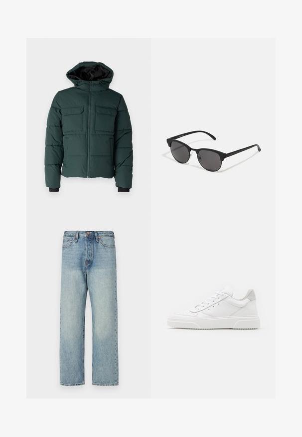 Zeleni puffer jakna s kapuljačom, prednjim patent zatvaračem i dva džepa na grudima. Ima elastične manžete i teksturiranu površinu. Obložena unutrašnjost.; Bijela pamučna majica kratkih rukava s okruglim izrezom, s crvenim grafičkim natpisom "UKUSNO OSVJEŽAVAJUĆE VOĆE" sprijeda.; Svijetloplavi traperice s ravnim nogavicama, pet džepova i bronze detaljima. Minimalno izblijedjele s čistu završnom obradom.; Bijele kožne tenisice s glatkom površinom, okruglim vrhom, ravnim vezicama i strukturiranom potplatom. Sivi antilop naglasak na peti.; Crne sunčane naočale s okruglim lećama, mat završetkom i specifičnim oblikom mačjih očiju. Tanke naramenice s diskretnim brendiranjem na lijevom hramu.