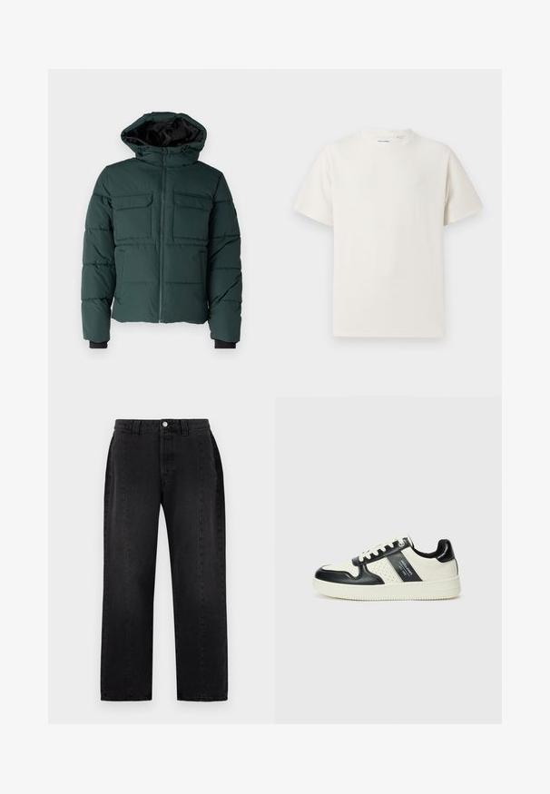 Green puffer jacket with a hood, front zipper, and two chest pockets. Features elastic cuffs and a textured finish. Lined interior.; White short-sleeve T-shirt in a ribbed texture. Round neckline, relaxed fit, no visible patterns or accents. Simple and versatile design.; Black denim jeans with a straight-leg design. Features a button closure, belt loops, and two side pockets. Smooth texture, no visible patterns.; Leather sneakers with a black and cream color scheme, featuring perforated accents, a padded collar, and a textured outsole.