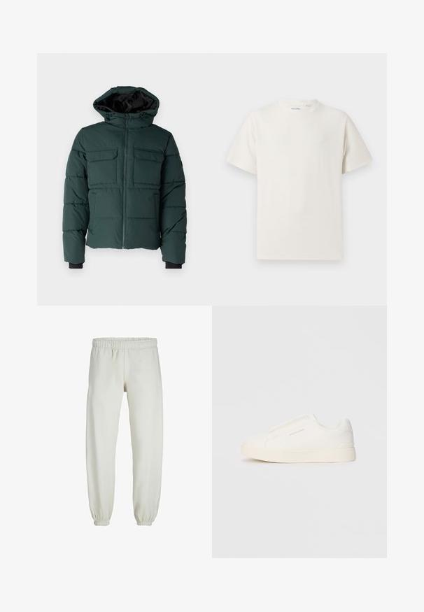 Green puffer jacket with a hood, front zipper, and two chest pockets. Features elastic cuffs and a textured finish. Lined interior.; White short-sleeve T-shirt in a ribbed texture. Round neckline, relaxed fit, no visible patterns or accents. Simple and versatile design.; White sweatpants made from soft fabric, featuring an elastic waistband and cuffs, with a smooth texture and loose-fitting design.; White slip-on sneakers with a textured surface, a thick sole, and minimalistic design. Features brand logo on the side.