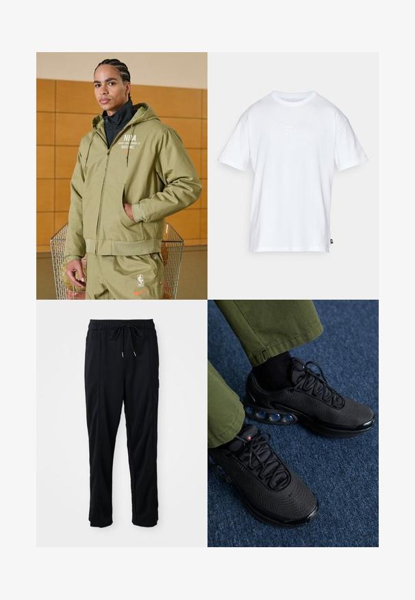 Nike Performance NBA JACKET - Spordijakk - neutral olive/hyper crimson; Valge puuvillane t-särk lühikeste varrukatega ja ümmarguse kaelusega. Sellega on kaasas väike, tagasihoidlik Nike logo rinnal ja külgmine silt.; Mustad nööridega vööga igapäevased mustad püksid, külgseamipocketid ja sirge sääre lõikega, ühtlasel taustal.; Mustad musta jooksujalatseid võrkkangast pealmise, tekstuurse pinna ja nähtavate õhukotikesega. Sobitatud oliiviroheliste pükstega ja mustade sokkidega.