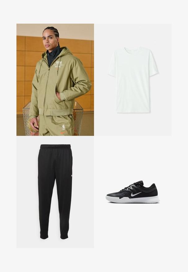 Nike Performance NBA JACKET - Chaqueta de entrenamiento - neutral olive/hyper crimson; Camiseta de manga corta en verde menta claro, hecha de tela suave. Presenta un cuello redondo y un corte recto simple, sin adornos.; Pantalones deportivos negros de tejido suave, con cintura elástica, perneras ajustadas y un pequeño logotipo blanco en el lado izquierdo.; Zapatilla deportiva negra con parte superior texturizada, logo de Nike en blanco y suela de goma blanca. Tiene un diseño con cordones y una forma dinámica.