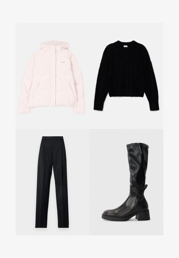 Lyserød pufferjakke med hætte, der har en lynlåslukning foran, to sidelommer og et diskret logo på brystet. Glat tekstur.; Sort cropped sweater lavet af blødt materiale. Har en rund halsudskæring og lange ærmer med en blød tekstur. Minimalistisk design, ingen mønstre.; Sorte bukser lavet af glat stof, der har høj talje, brede ben, frontfolder og klassiske bælteløkker. Ingen synlige sidelommer.; Sort knæhøj støvle lavet af glat læder, med en blokhæl, rund tå og syede detaljer langs sømmene.
