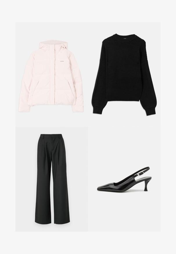Light pink puffer jacket with a hood, featuring a zippered front, two side pockets, and a subtle logo on the chest. Smooth texture.; Black sweater featuring a textured knit design, ribbed crew neckline, and oversized balloon sleeves with a smooth finish.; Won Hundred CAMILLE TROUSERS - Trousers - licorice; Black patent slingback high-heel shoes with a pointed toe and a silver buckle detail at the heel, featuring a smooth, glossy finish.