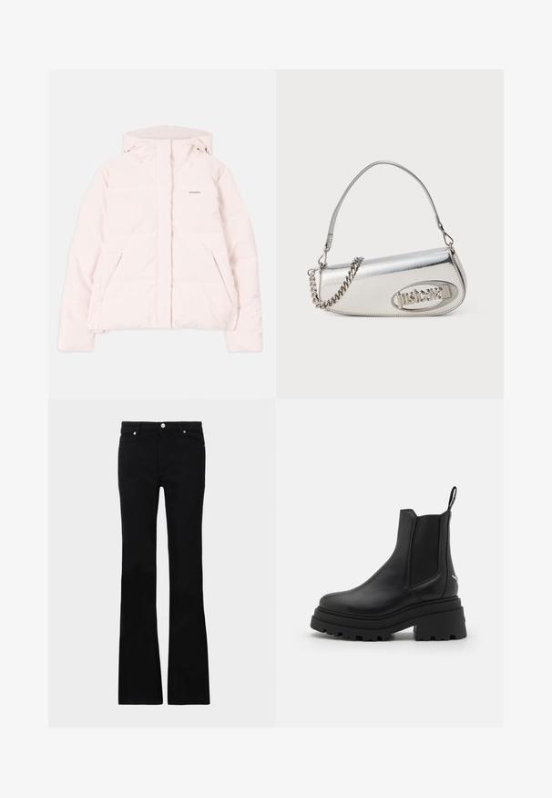Lyserød pufferjakke med hætte, der har en lynlåslukning foran, to sidelommer og et diskret logo på brystet. Glat tekstur.; Langærmet top i en blanding af blå, brun og cremefarvede abstrakte mønstre. Blødt stof med en tætsiddende pasform og høj hals.; Sorte bløde jeans lavet af denim, med to frontlommer, knaplukning og en glat tekstur. Signaturstikninger synlige ved sømmene.; Sorte chelsea støvler lavet af glat læder med elastiske sidepaneler, en tyk, rillede gummisål og en pull-tab bagpå.; Sølv metallic håndtaske med en afrundet trekantet form, der har et logo, kædetræk og glat tekstur. Lynlås lukning på siden.